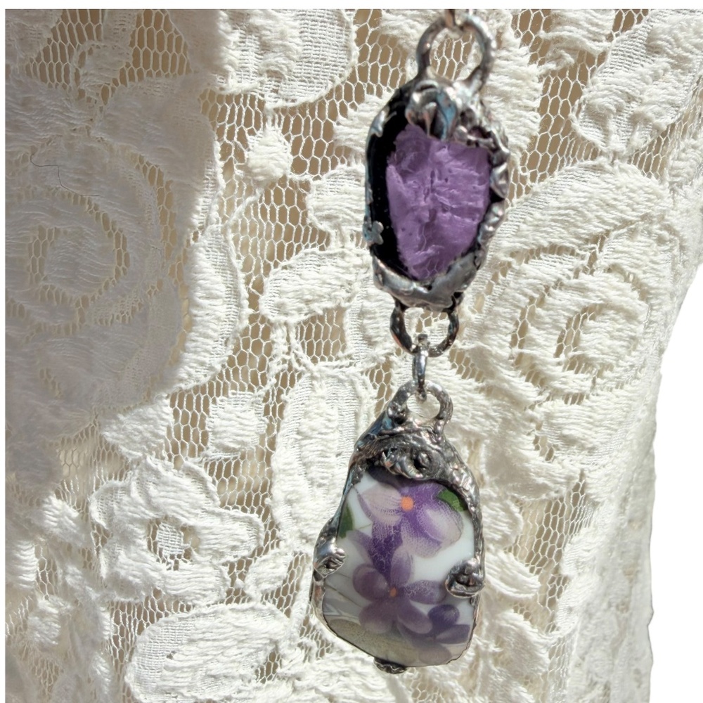 Violets Broken China & Sea Glass Artisan Silver-Blend Metalwork Bezel Pendant - Picture 12 of 16
